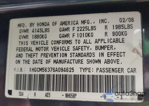 2006 Honda Accord 2.4 Se из США, поврежденный, VIN 1HGCM56376A094625